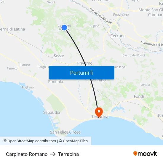 Carpineto Romano to Terracina map