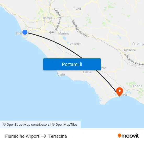 Fiumicino Airport to Terracina map