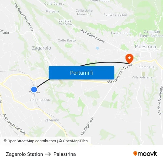 Zagarolo Station to Palestrina map