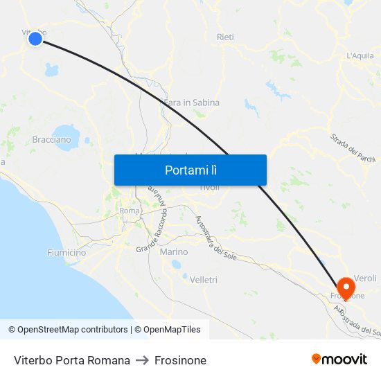 Viterbo Porta Romana to Frosinone map