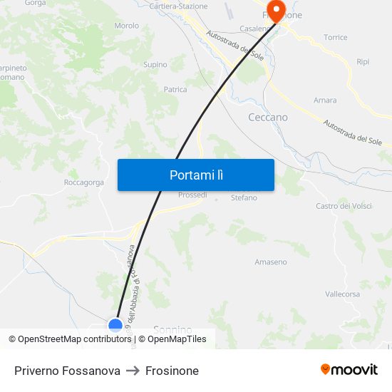 Priverno Fossanova to Frosinone map