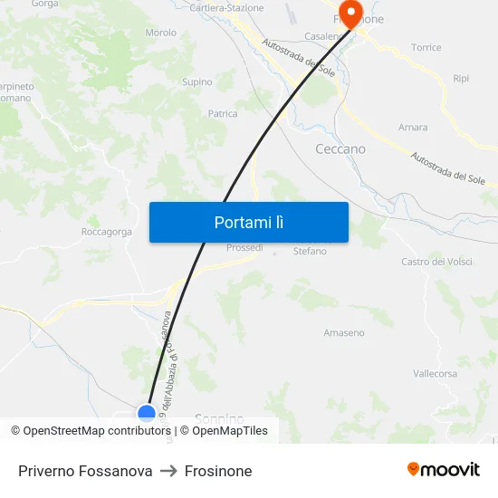 Priverno Fossanova to Frosinone map