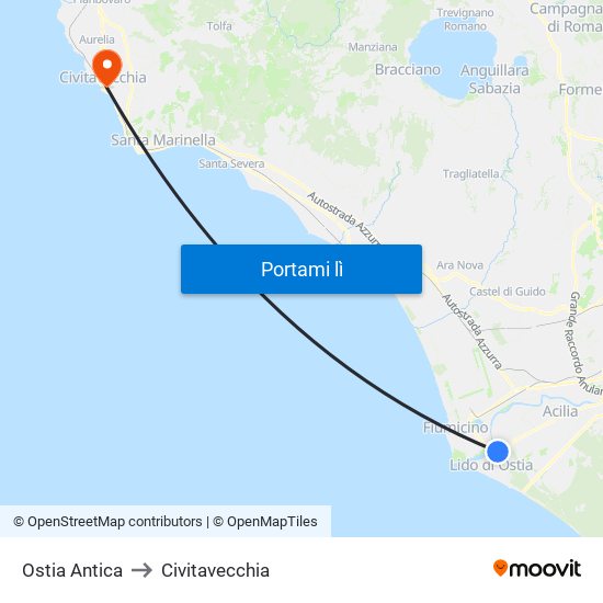 Ostia Antica to Civitavecchia map
