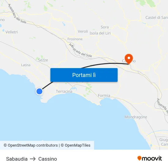 Sabaudia to Cassino map