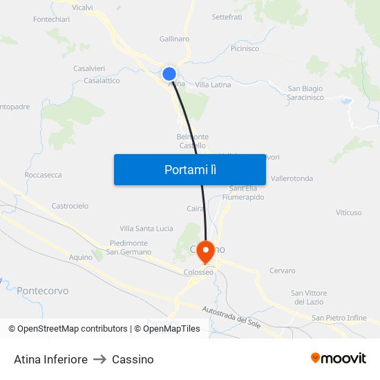 Atina Inferiore to Cassino map
