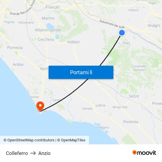 Colleferro to Anzio map