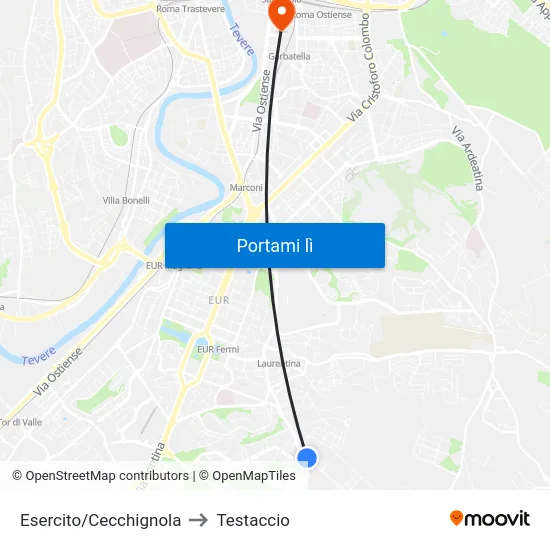 Esercito/Cecchignola to Testaccio map
