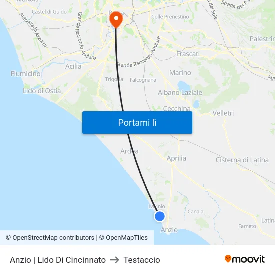 Anzio | Lido Di Cincinnato to Testaccio map