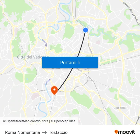 Roma Nomentana to Testaccio map