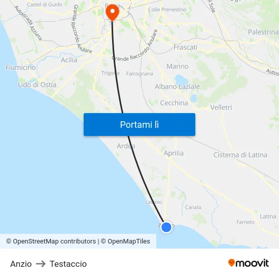 Anzio to Testaccio map