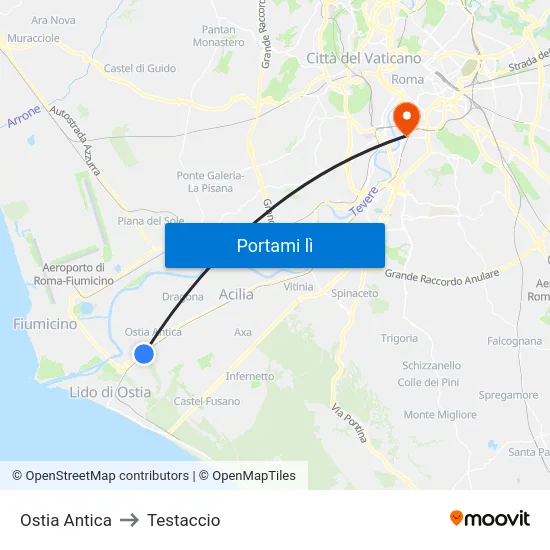 Ostia Antica to Testaccio map