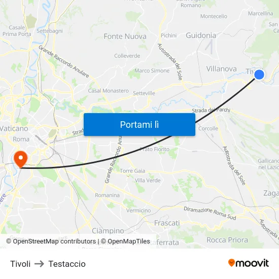 Tivoli to Testaccio map