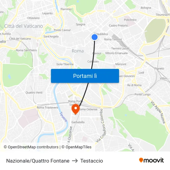 Nazionale/Quattro Fontane to Testaccio map
