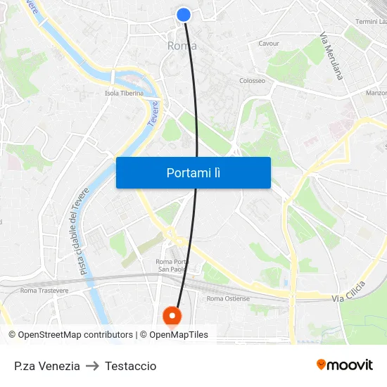 P.za Venezia to Testaccio map