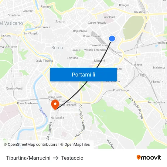 Tiburtina/Marrucini to Testaccio map