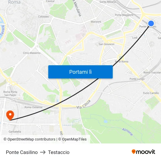 Ponte Casilino to Testaccio map