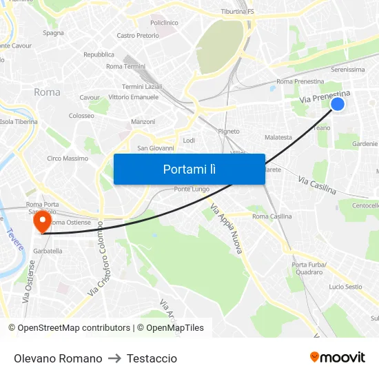 Olevano Romano to Testaccio map
