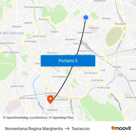 Nomentana/Regina Margherita to Testaccio map