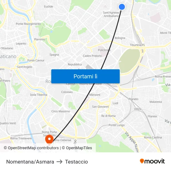 Nomentana/Asmara to Testaccio map
