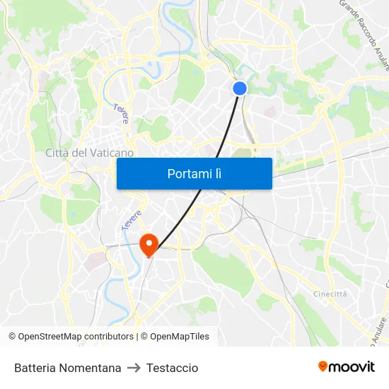 Batteria Nomentana to Testaccio map