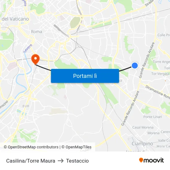 Casilina/Torre Maura to Testaccio map