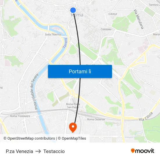 P.za Venezia to Testaccio map