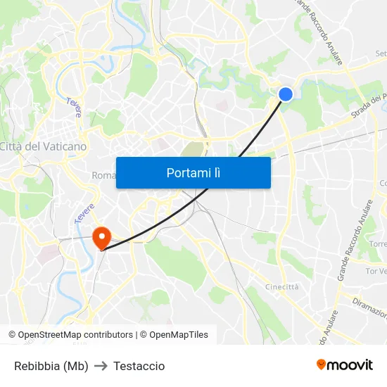 Rebibbia (Mb) to Testaccio map