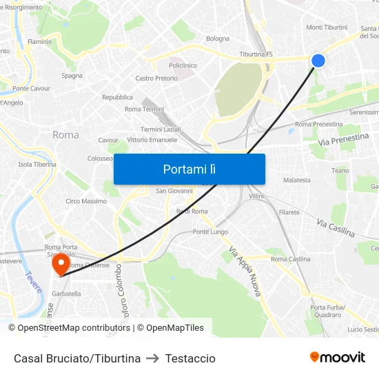 Casal Bruciato/Tiburtina to Testaccio map