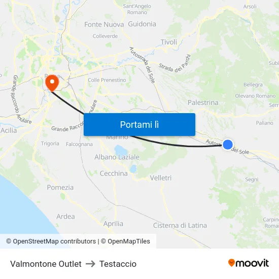 Valmontone Outlet to Testaccio map