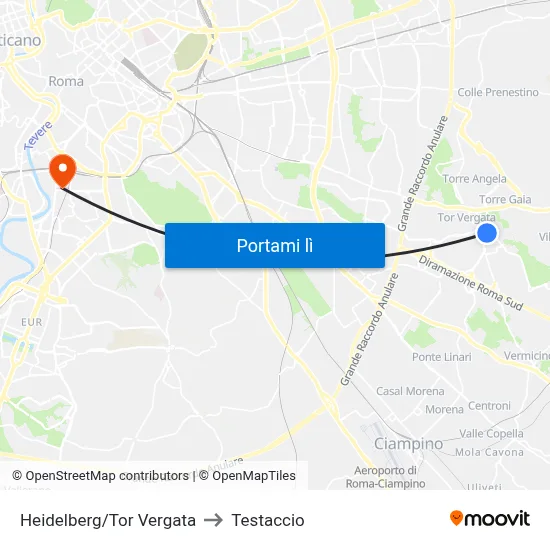 Heidelberg/Tor Vergata to Testaccio map