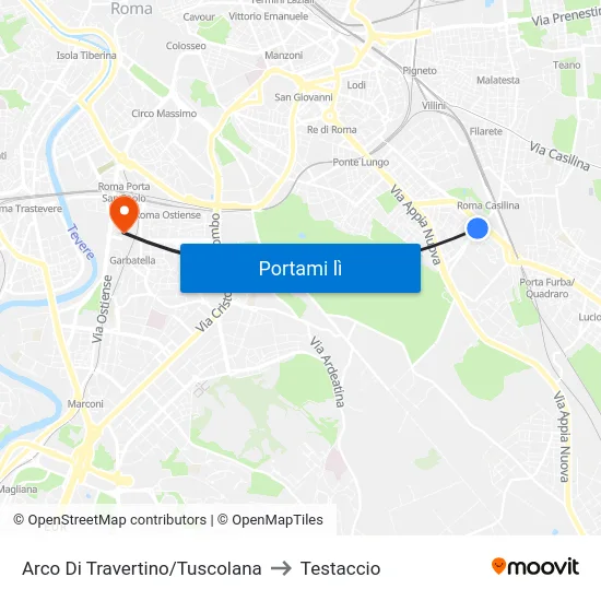 Arco Di Travertino/Tuscolana to Testaccio map