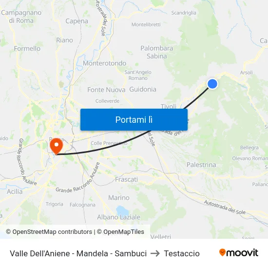 Valle Dell'Aniene - Mandela - Sambuci to Testaccio map