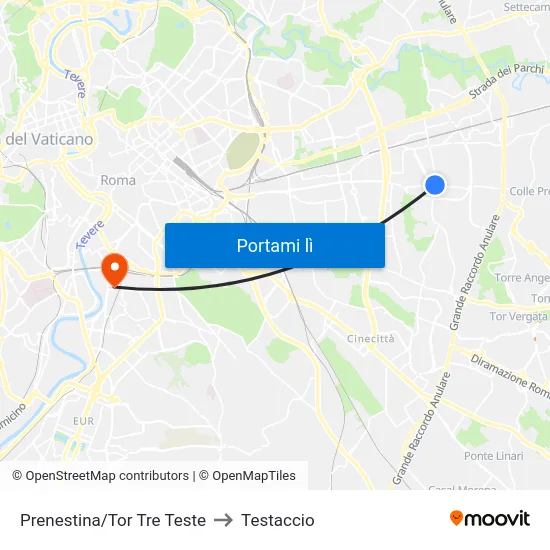 Prenestina/Tor Tre Teste to Testaccio map