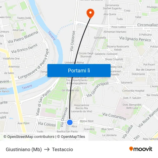 Giustiniano (Mb) to Testaccio map
