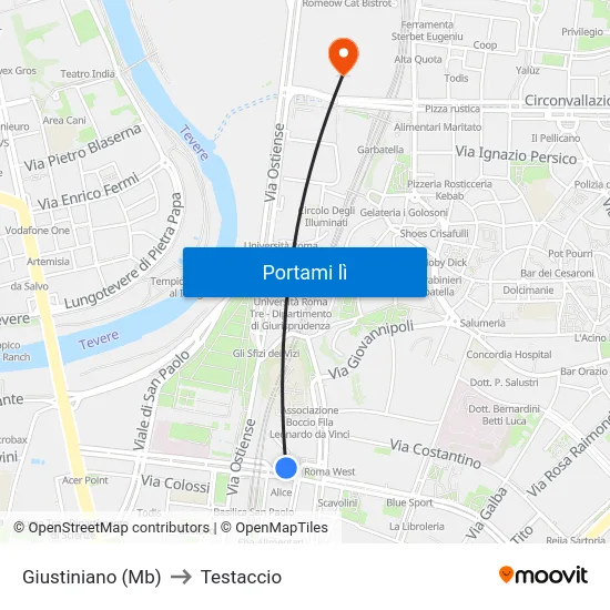 Giustiniano (Mb) to Testaccio map