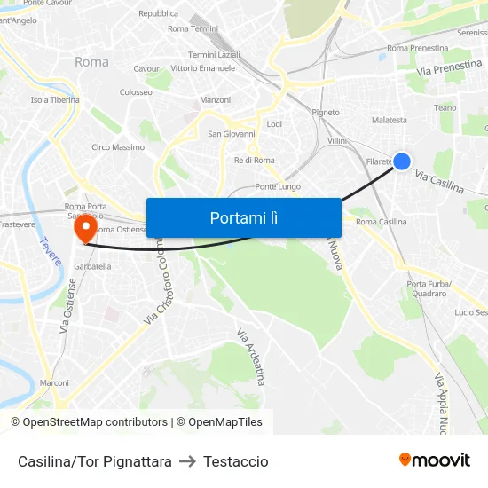 Casilina/Tor Pignattara to Testaccio map