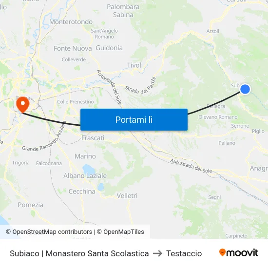 Subiaco | Monastero Santa Scolastica to Testaccio map