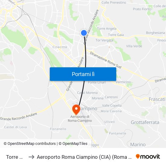 Torre Maura to Aeroporto Roma Ciampino (CIA) (Roma Ciampino Airport) map