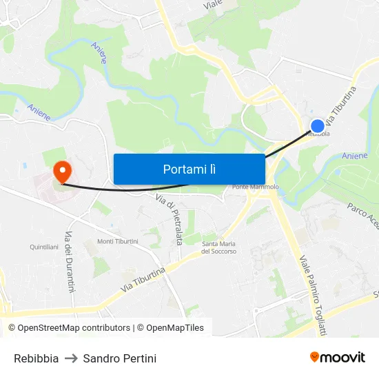 Rebibbia to Sandro Pertini map