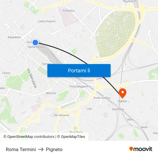 Roma Termini to Pigneto map