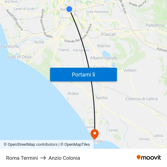 Roma Termini to Anzio Colonia map