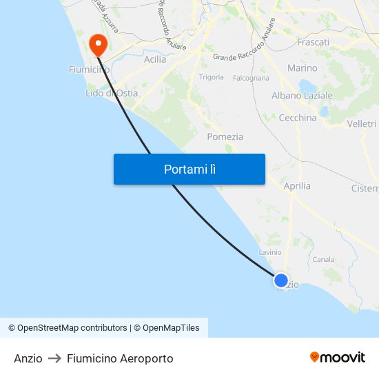 Anzio to Fiumicino Aeroporto map