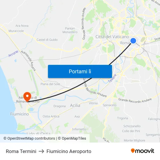 Roma Termini to Fiumicino Aeroporto map