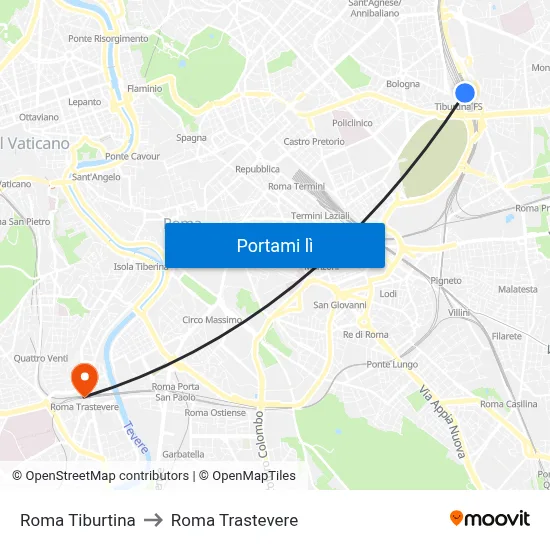 Roma Tiburtina to Roma Trastevere map