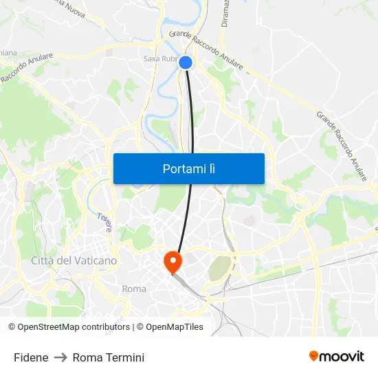 Fidene to Roma Termini map