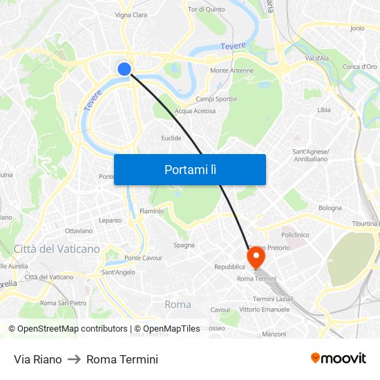 Via Riano to Roma Termini map