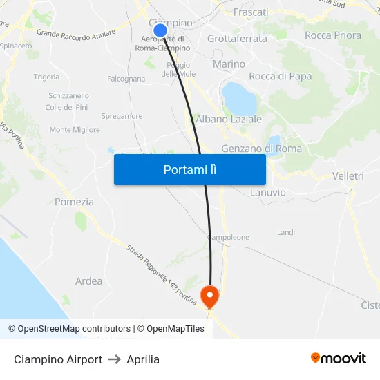 Ciampino Airport to Aprilia map