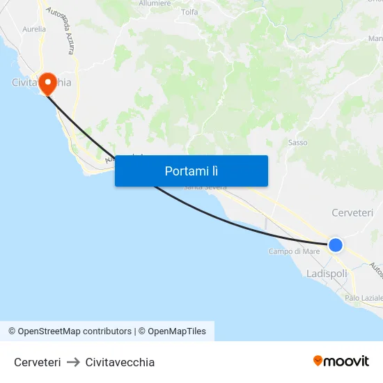 Cerveteri to Civitavecchia map