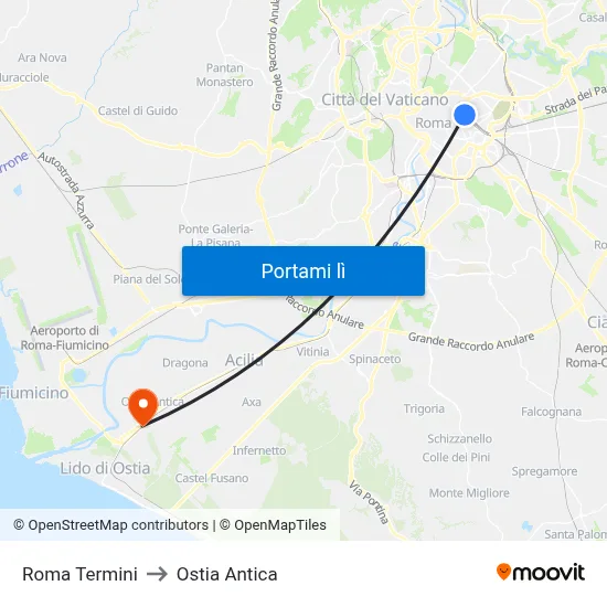 Roma Termini to Ostia Antica map