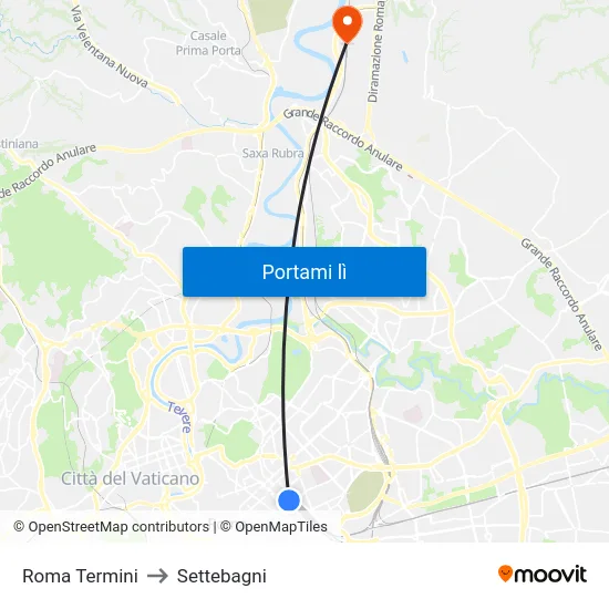 Roma Termini to Settebagni map